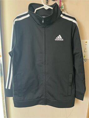 Boys Adidas size 7 Black Track Jacket with White Stripes